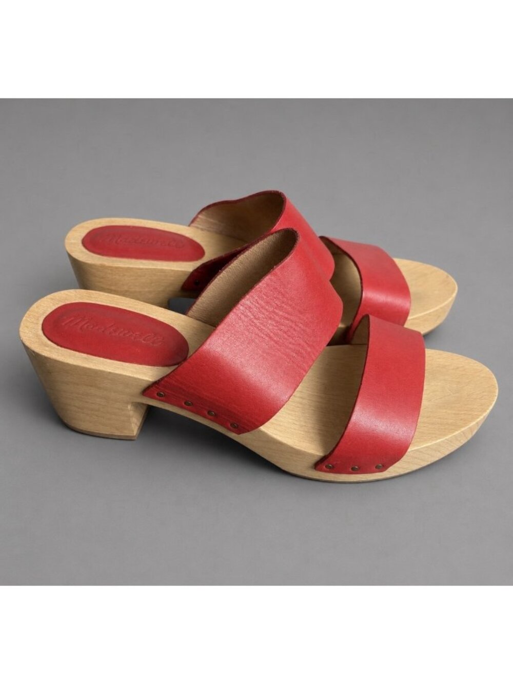 MADEWELL Womens Size 8.5 The Clara Red Leather 2-Strap Wooden/Wood Clog Sandals